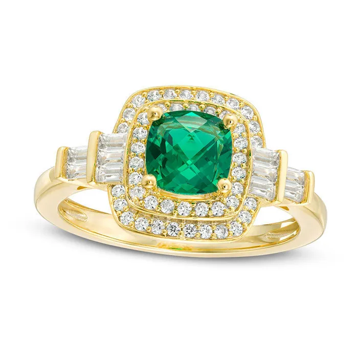 Rings Goldia CushionCut LabCreated Emerald and White Sapphire Double Frame Art Deco Ring in Sterling Silver with Solid 14K Gold Plate Rings Goldia CushionCut LabCreated Emerald and White Sapphire Double Frame Art Deco Ring in Sterling Silver with Solid 14K Gold Plate
