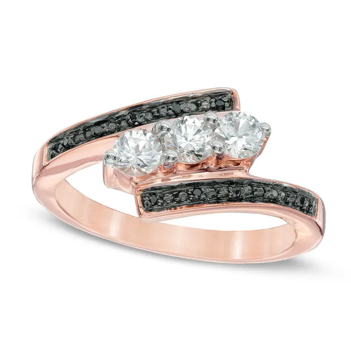 Rings Goldia LabCreated White Sapphire and Enhanced Black Diamond Accent Three Stone Bypass Promise Ring in Solid 10K Rose Gold Rings Goldia LabCreated White Sapphire and Enhanced Black Diamond Accent Three Stone Bypass Promise Ring in Solid 10K Rose Gold