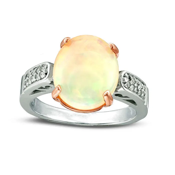 Rings Goldia Oval Opal and 010 CT TW Natural Diamond Bead Shank Ring in Solid 10K TwoTone Gold