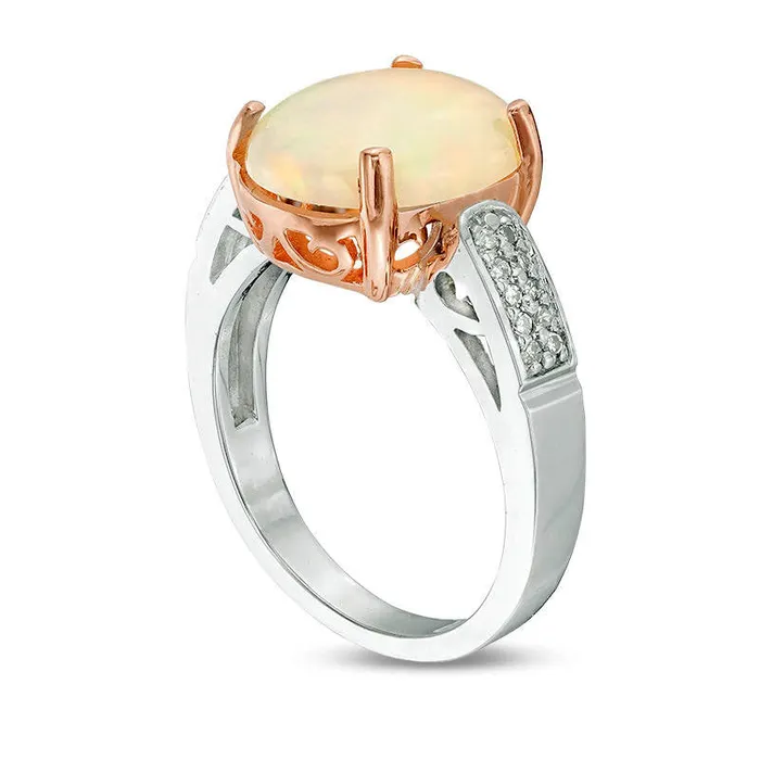 Rings Goldia Oval Opal and 010 CT TW Natural Diamond Bead Shank Ring in Solid 10K TwoTone Gold Rings Goldia Oval Opal and 010 CT TW Natural Diamond Bead Shank Ring in Solid 10K TwoTone Gold