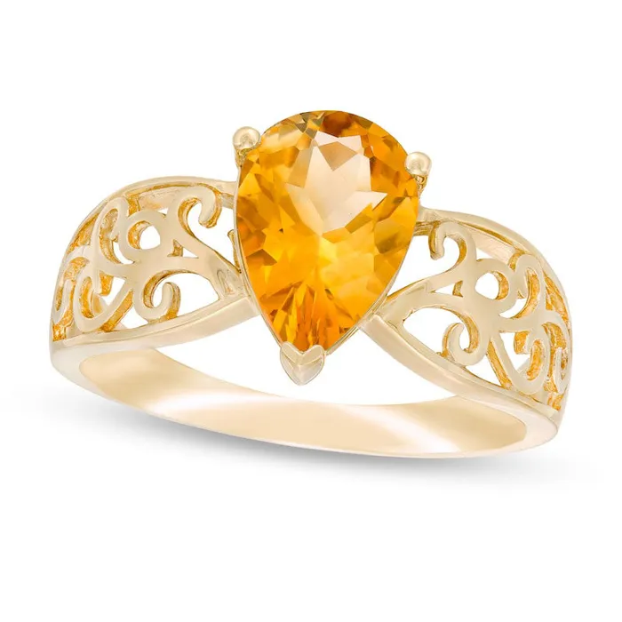 Rings Goldia PearShaped Citrine Wide Filigree Ring in Solid 10K Yellow Gold Rings Goldia PearShaped Citrine Wide Filigree Ring in Solid 10K Yellow Gold