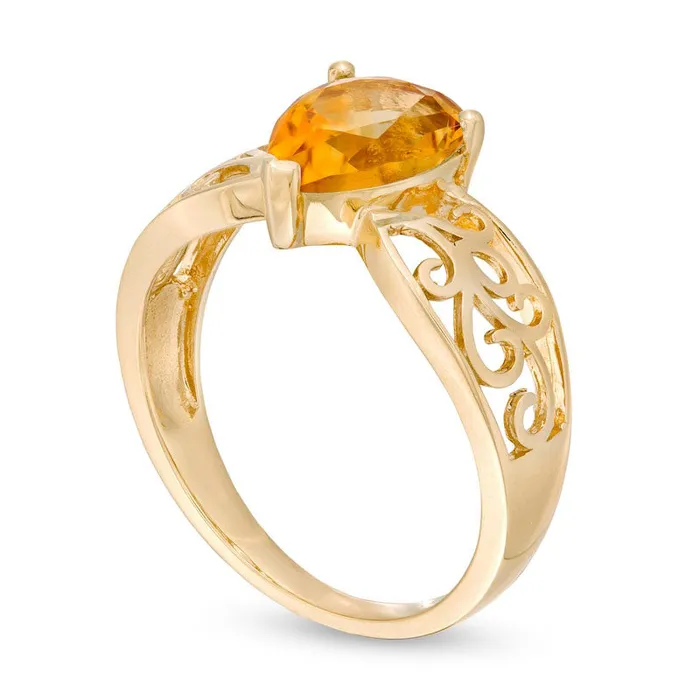 Rings Goldia PearShaped Citrine Wide Filigree Ring in Solid 10K Yellow Gold Rings Goldia PearShaped Citrine Wide Filigree Ring in Solid 10K Yellow Gold