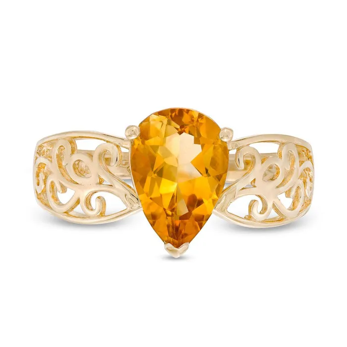 Rings Goldia PearShaped Citrine Wide Filigree Ring in Solid 10K Yellow Gold Rings Goldia PearShaped Citrine Wide Filigree Ring in Solid 10K Yellow Gold