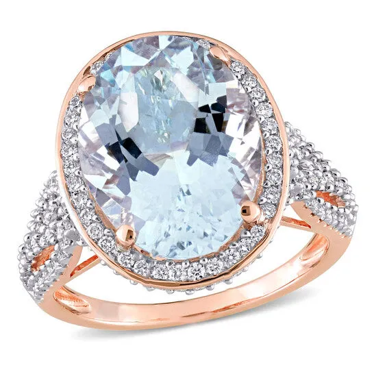 Rings JMS always Original Amour 30 34 CT TGW Aquamarine and 78 CT TW Diamond Cocktail Halo Split Shank Ring in 14k Rose Gold