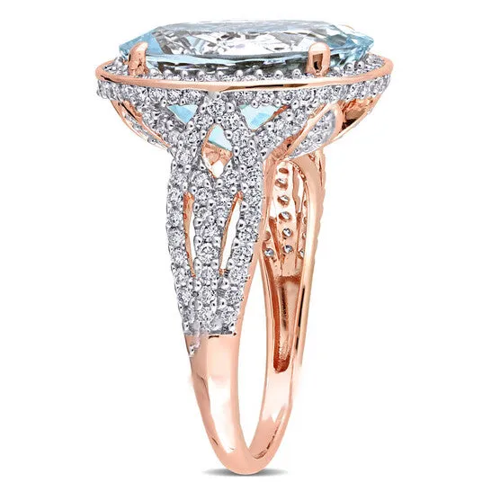 Rings JMS always Original Amour 30 34 CT TGW Aquamarine and 78 CT TW Diamond Cocktail Halo Split Shank Ring in 14k Rose Gold Rings JMS always Original Amour 30 34 CT TGW Aquamarine and 78 CT TW Diamond Cocktail Halo Split Shank Ring in 14k Rose Gold