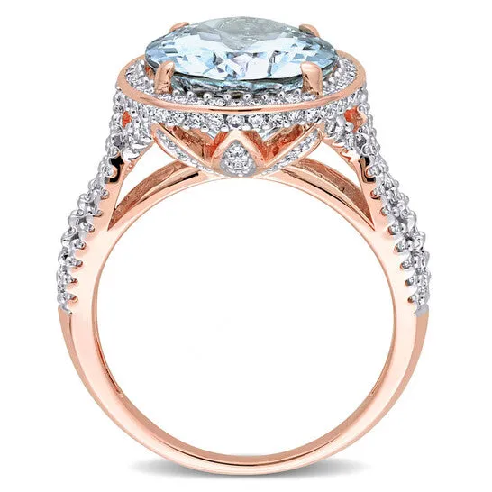 Rings JMS always Original Amour 30 34 CT TGW Aquamarine and 78 CT TW Diamond Cocktail Halo Split Shank Ring in 14k Rose Gold Rings JMS always Original Amour 30 34 CT TGW Aquamarine and 78 CT TW Diamond Cocktail Halo Split Shank Ring in 14k Rose Gold