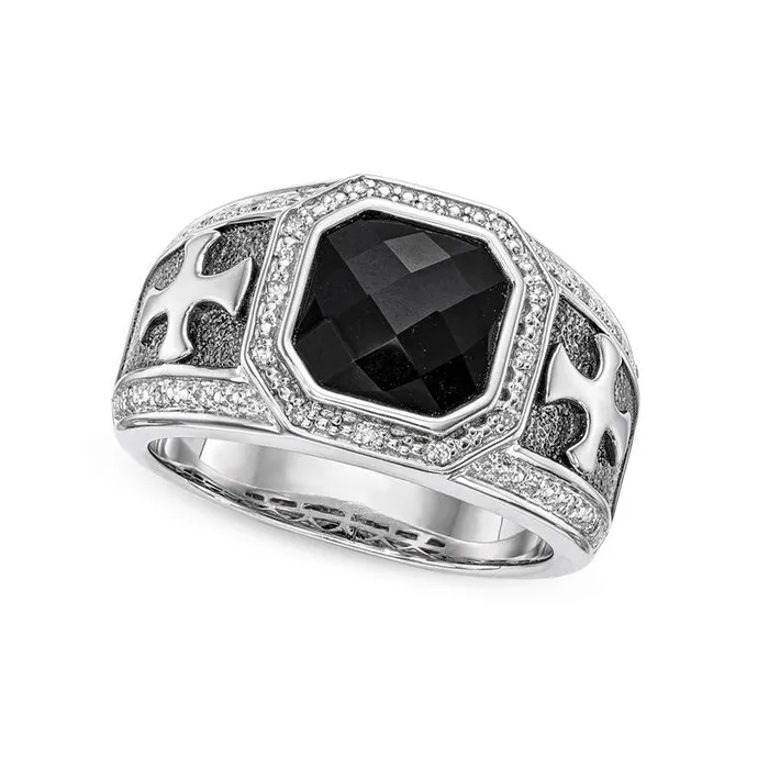 Rings Mens Octagonal Onyx and 010 CT TW Natural Diamond Frame Crusader Cross Band in Sterling Silver with Black Rhodium Goldia Rings Mens Octagonal Onyx and 010 CT TW Natural Diamond Frame Crusader Cross Band in Sterling Silver with Black Rhodium Goldia