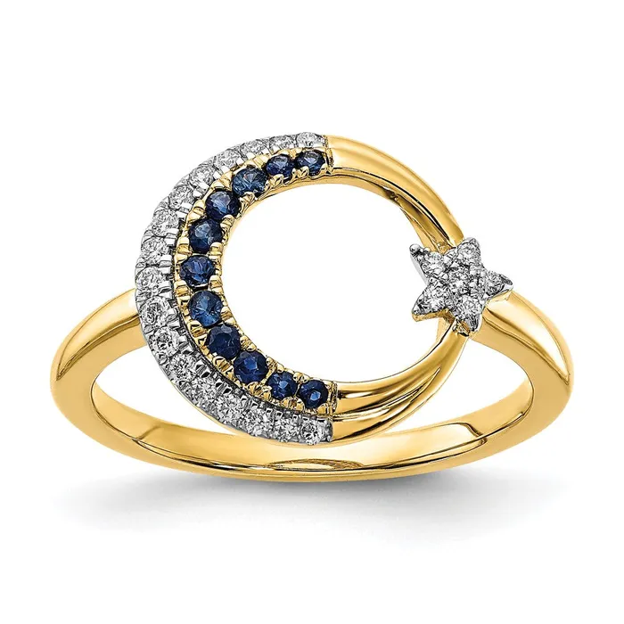 Rings Solid 14k Yellow Gold Polished Simulated Sapphire and CZ Moon wStar Ring Goldia Rings Solid 14k Yellow Gold Polished Simulated Sapphire and CZ Moon wStar Ring Goldia