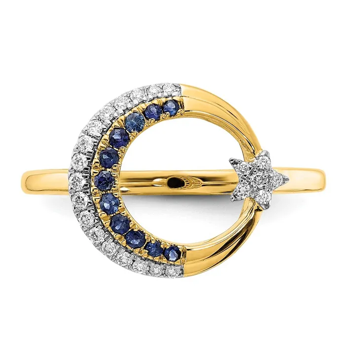 Rings Solid 14k Yellow Gold Polished Simulated Sapphire and CZ Moon wStar Ring Goldia