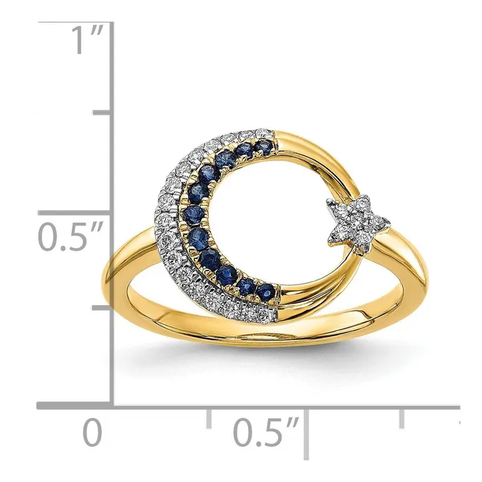 Rings Solid 14k Yellow Gold Polished Simulated Sapphire and CZ Moon wStar Ring Goldia