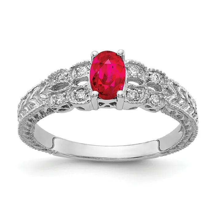 Solid 14k White Gold 6x4mm Oval Simulated Ruby VS CZ Ring Goldia Rings