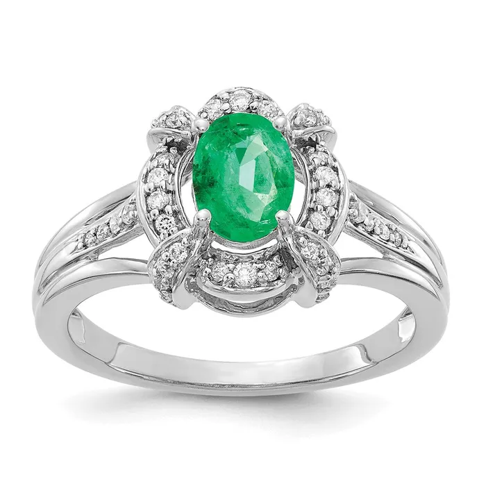Solid 14k White Gold Simulated CZ and Oval Emerald Ring Goldia Rings
