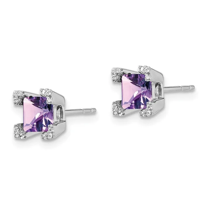 Solid 14k White Gold Square Simulated Amethyst and CZ Earrings Goldia Earrings
