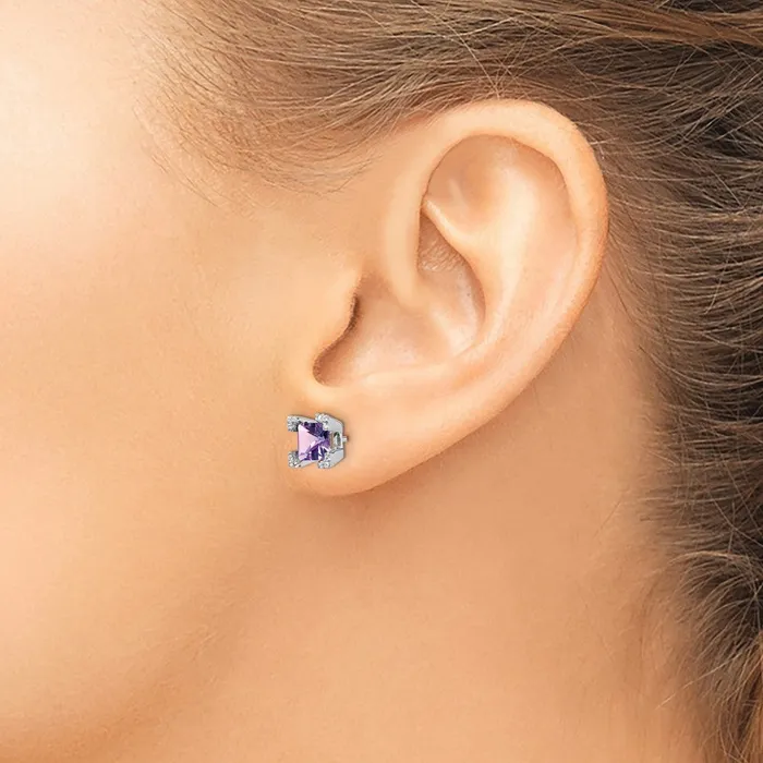 Solid 14k White Gold Square Simulated Amethyst and CZ Earrings Goldia Earrings