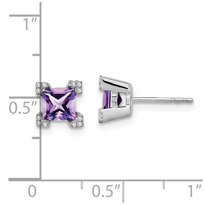 Solid 14k White Gold Square Simulated Amethyst and CZ Earrings Goldia Earrings