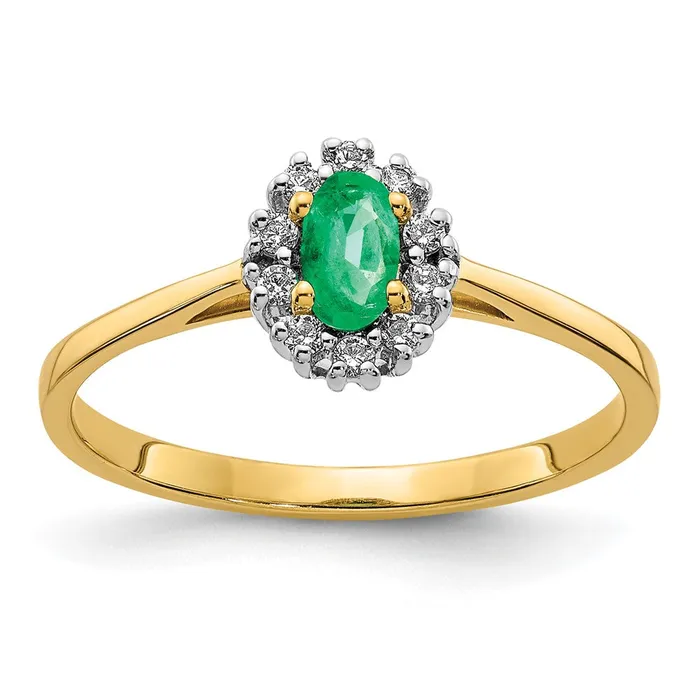 Solid 14k Yellow Gold Simulated CZ and Oval Emerald Halo Ring Goldia Rings