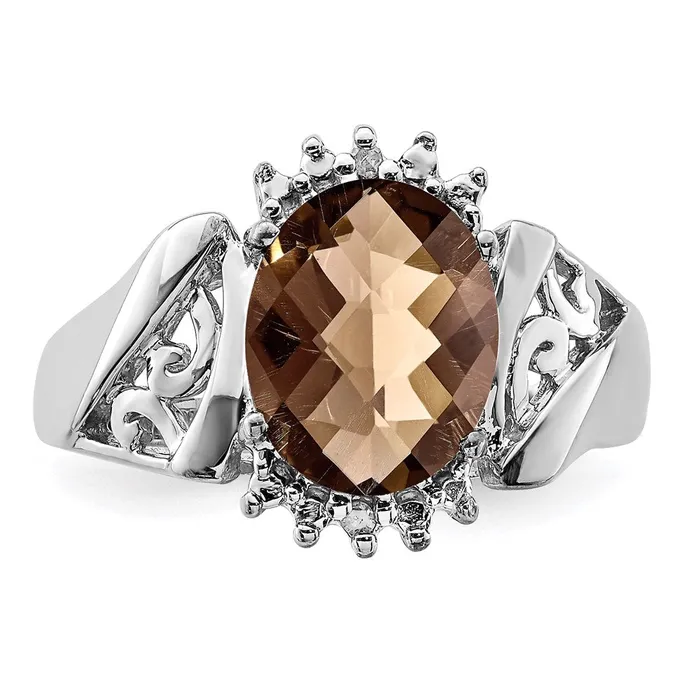 Sterling Silver Rhodium CheckerCut Smoky Quartz u0026 Diamond Ring Goldia Rings