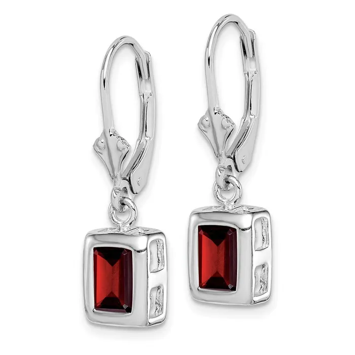 Sterling Silver Rhodium Plated 7x5 Emerald Cut Garnet Leverback Earrings Goldia Earrings