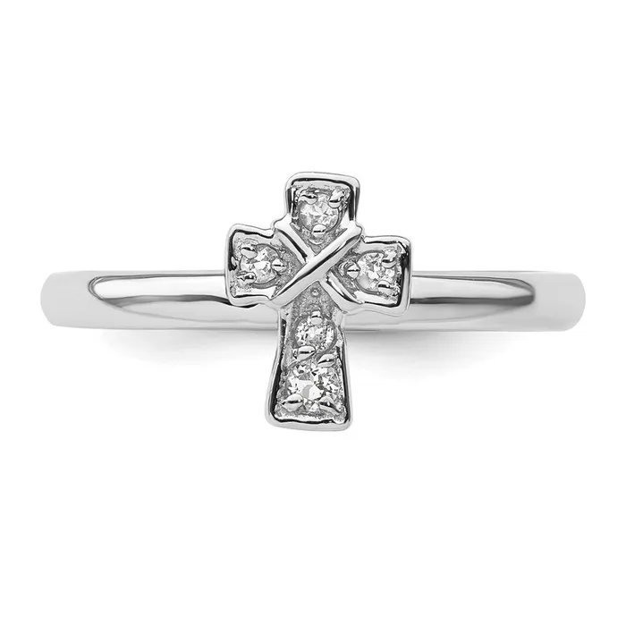 Sterling Silver Stackable Expressions Rhodium White Topaz Cross Ring Goldia Rings